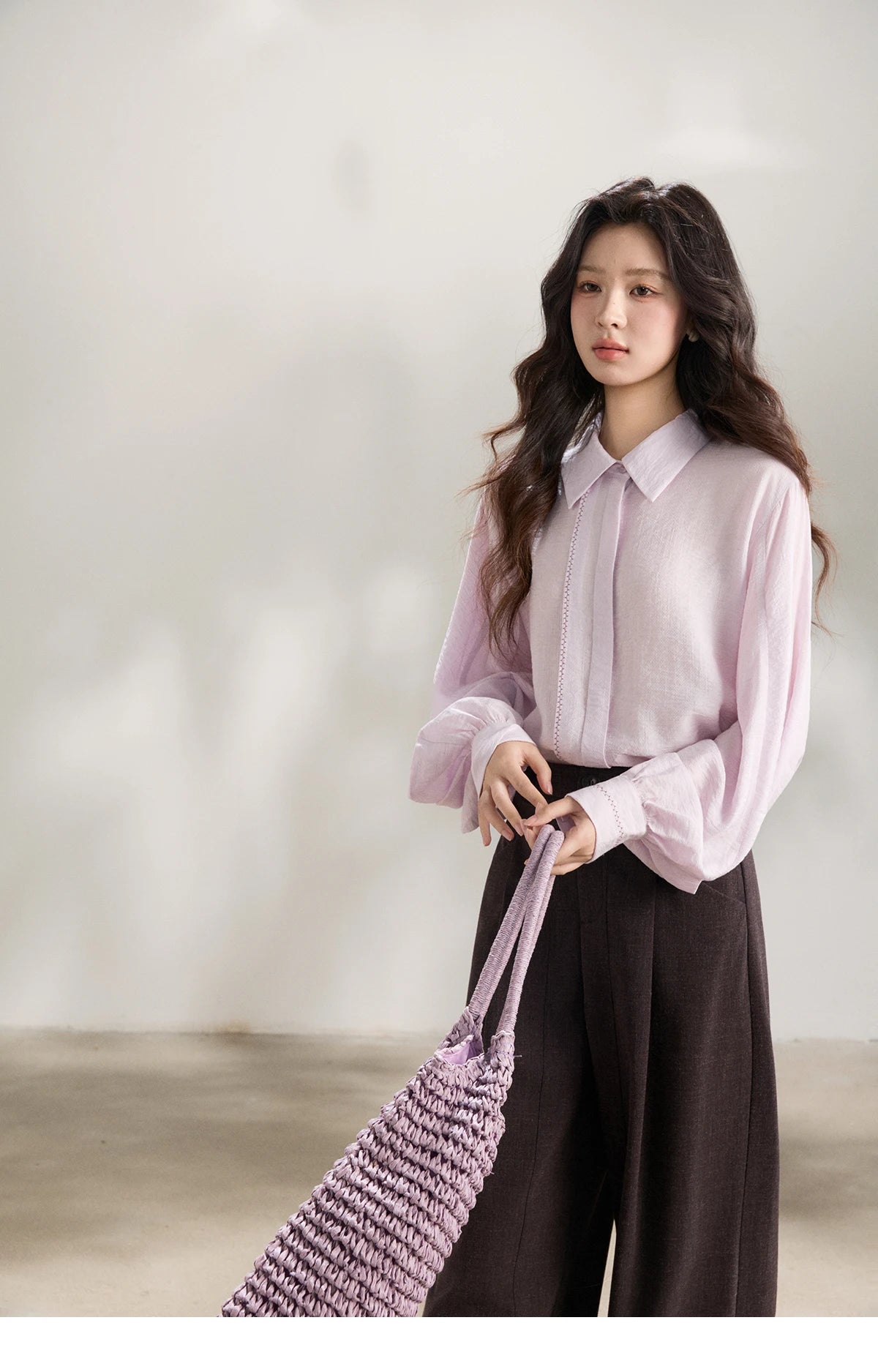 MISHOW Women's Lapel Lantern Sleeve Shirts 2026 Spring Lace Trim Casual Loose Breathable Solid Shirt Office Lady MXF13C2436