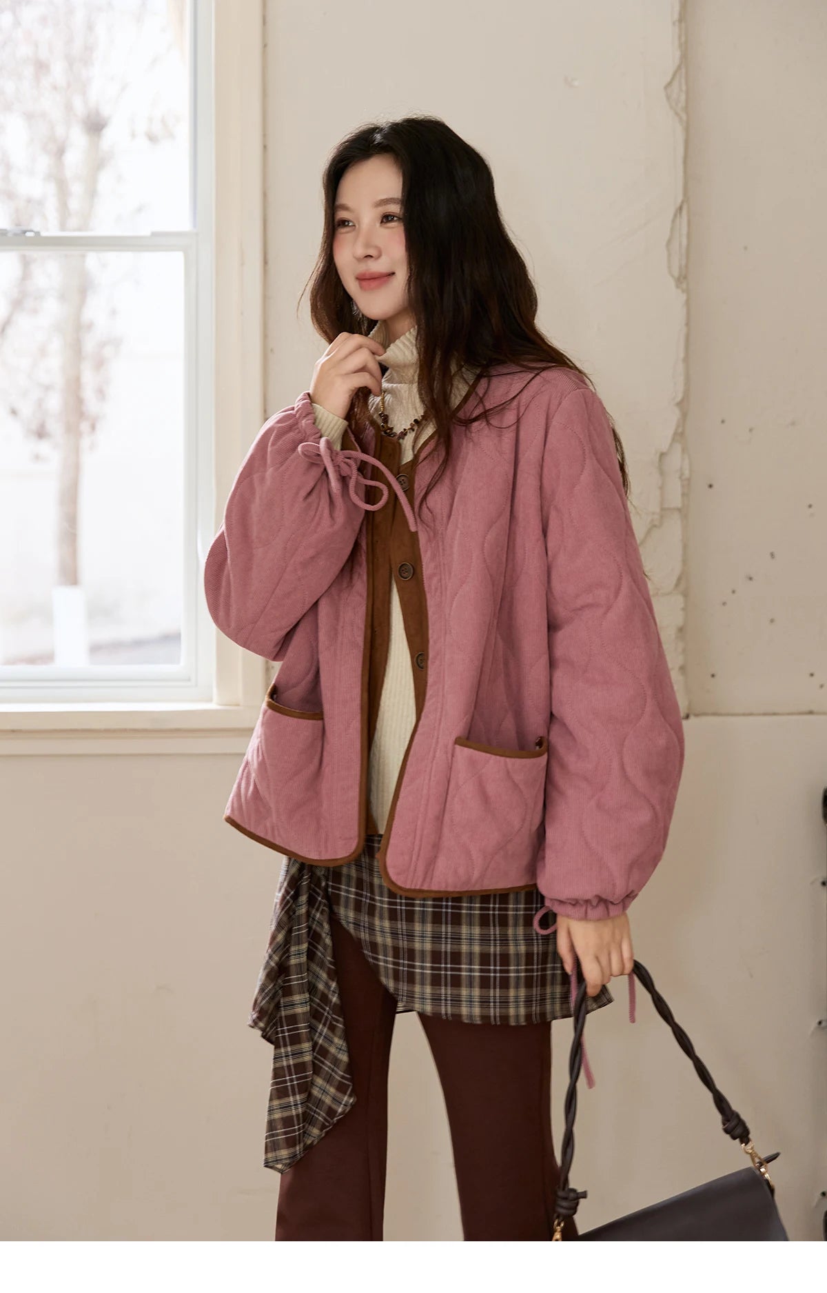 MISHOW Pink Purple Corduroy Jacket Women 2025 Winter Retro Gourd Pattern Pleated Cotton Splicing Suede Jacket Top MXE88W0882