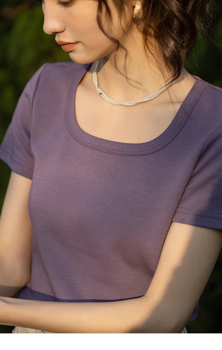 MISHOW Short Sleeve T-shirts Women Spring Solid Square-neck Top Elegant Woman Clothes Office Lady Cotton Tees MXC12T0641