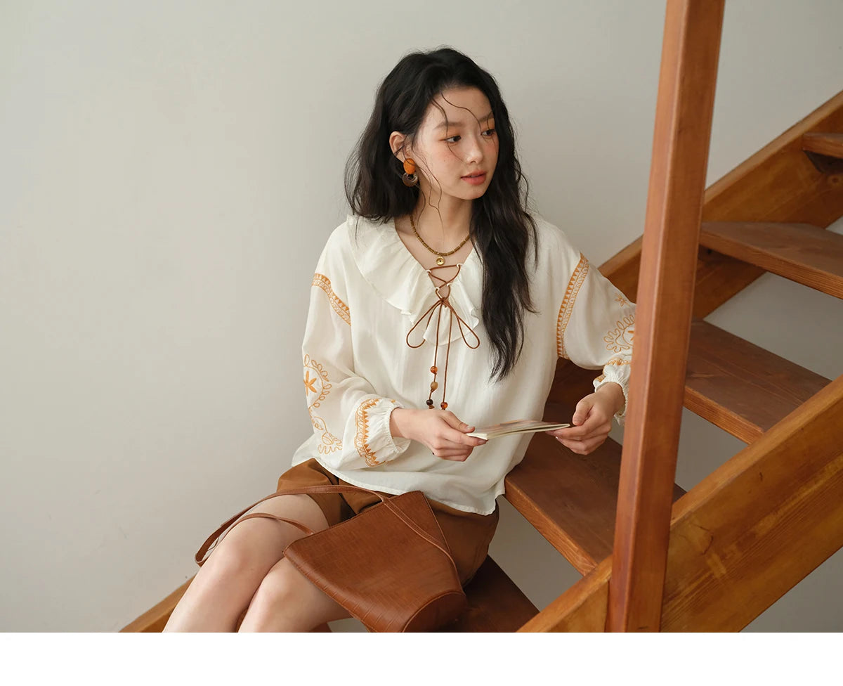 MISHOW Cashew Flower Embroidered Blouse Autumn 2025 Ruffle V-neck Lace Up Tops 100 Lyocell Lantern Sleeves Blouses MXE43X1987