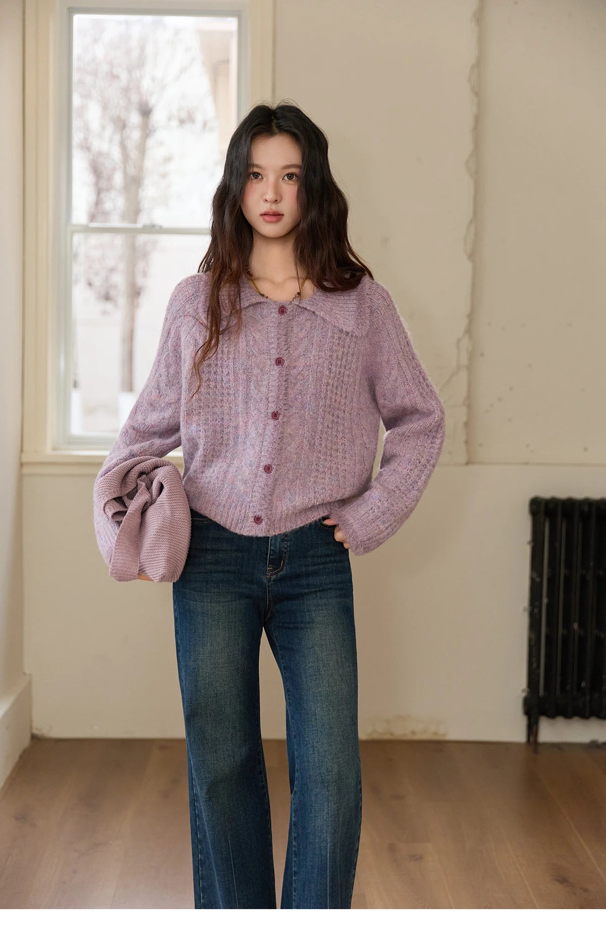 MISHOW Cardigans Ladies 2025 Winter Loose Retro Purple Turn-down Collar Imitation Mink Sweater Commute knit Top MXE88Z2616