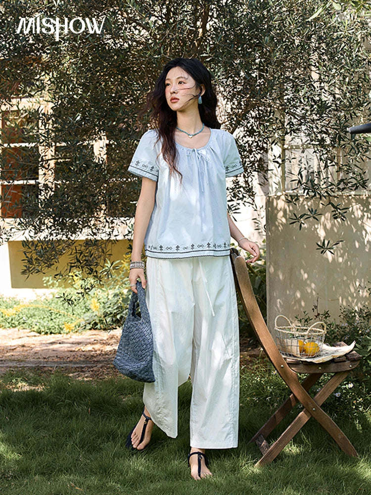 MISHOW Cotton Blouse Round Neck Lace Up Puff Sleeve MXE39X1966