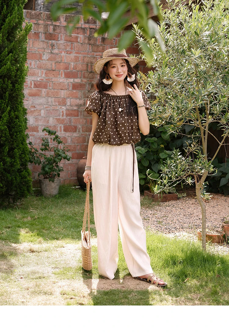 MISHOW Women's Two-Piece Set Fashion Polka Dot One Shoulder Puff Sleeve Blouse Summer 2025 Casual Wide Leg Pants Set MXE38T0683