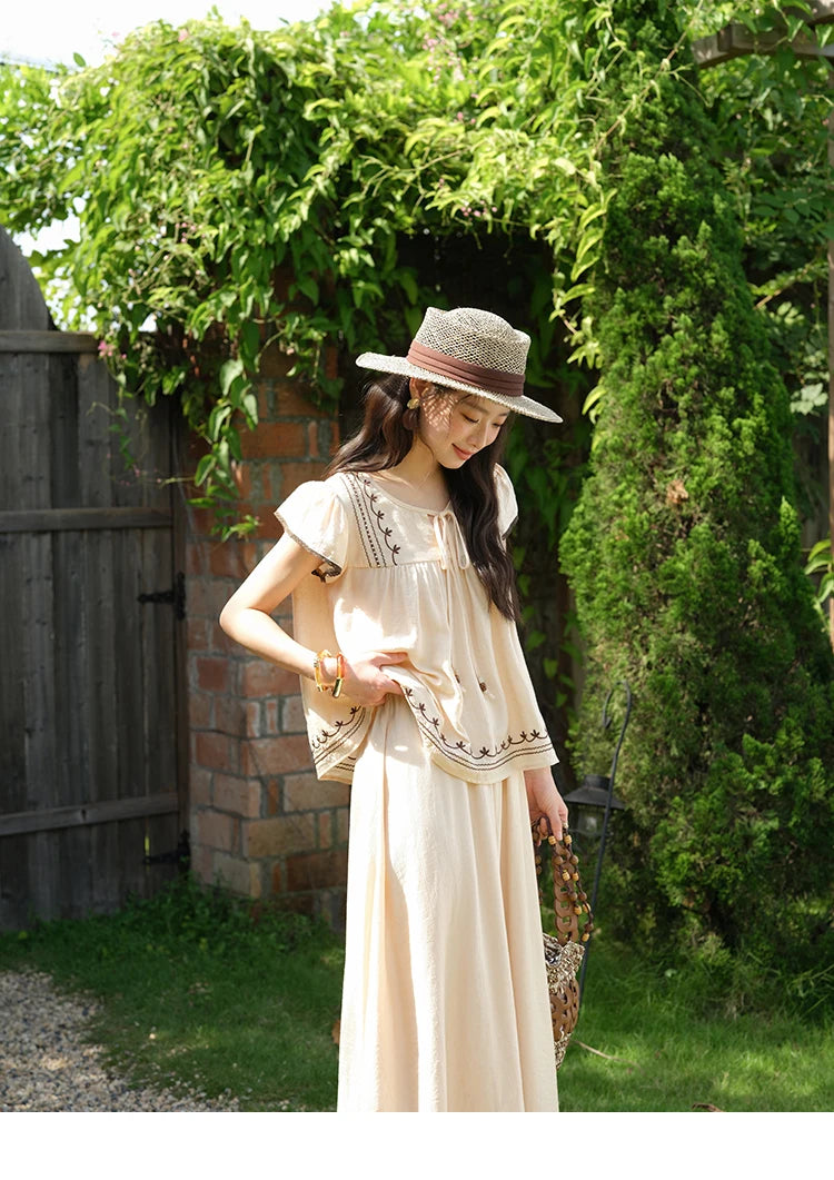 MISHOW Women Two Piece Set 2025 Summer Female Embroidery Flying Sleeve Lace Spliced Top Loose Elastic Waist Skirt Set MXE39T0667