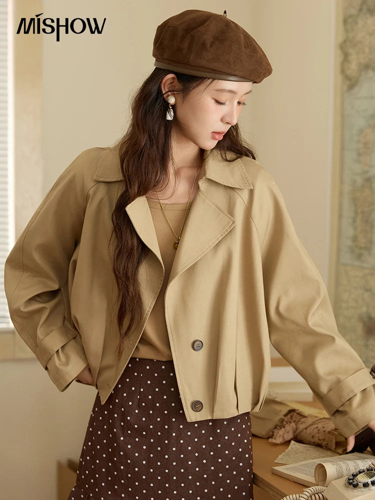 MISHOW Cotton Trench for Women 2025 Autumn Khaki Handmade Pleated Short Jacket Lapel Two Buttons Trench Office Lady MXE43W0804