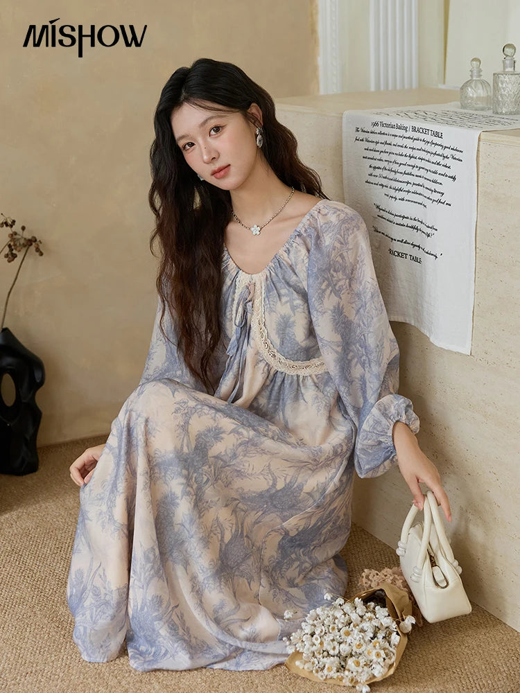 MISHOW Woman Elegant Dress 2025 Autumn Romantic Blue Floral Dress Lace Panel Drawstring A-line Long Dress Autumn MXE45L2507