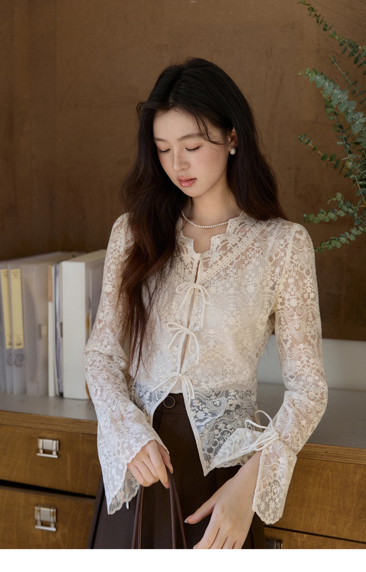 MISHOW Women's Sweet Lace Top Camisole Set Spring Tie Front Flare Sleeve Sheer Casual Elegant Two-Piece Knitwear MXF108X1001