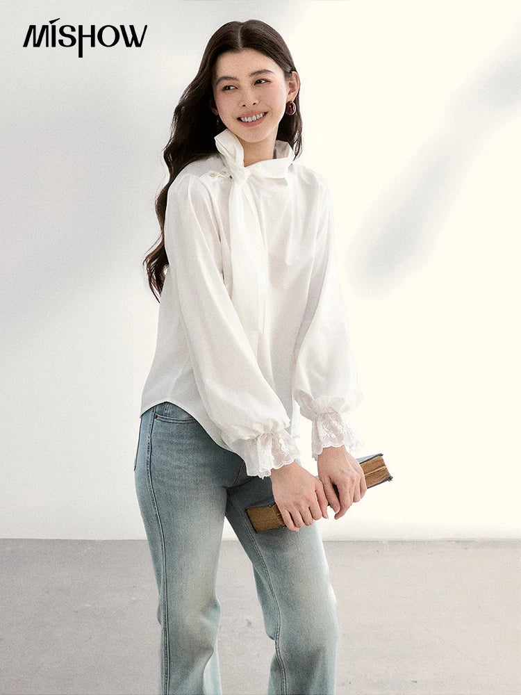 MISHOW Women's White Blouse Spring Bow Tie Neck Lantern Sleeve Patchwork Lace Blouses Casual Elegant Top Office Lady MXF108C0814