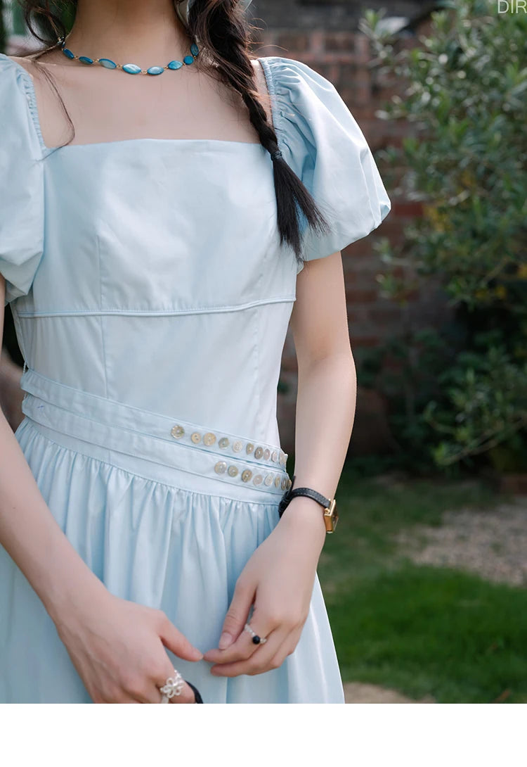 MISHOW Women's Square Neck Short Sleeve Dress 2025 Summer New Fashion Puff Sleeve Double Belt Dresses Ladies Clothing MXE34L2222