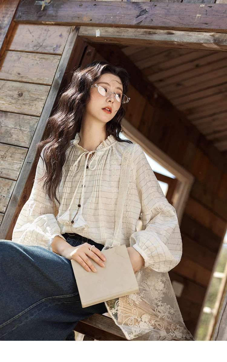 MiSHOW French Striped Blouses Women Spring New 2025 Long Sleeve Lace Collar Shirts Female Fashion Solid Chiffon Tops MXE12C0387