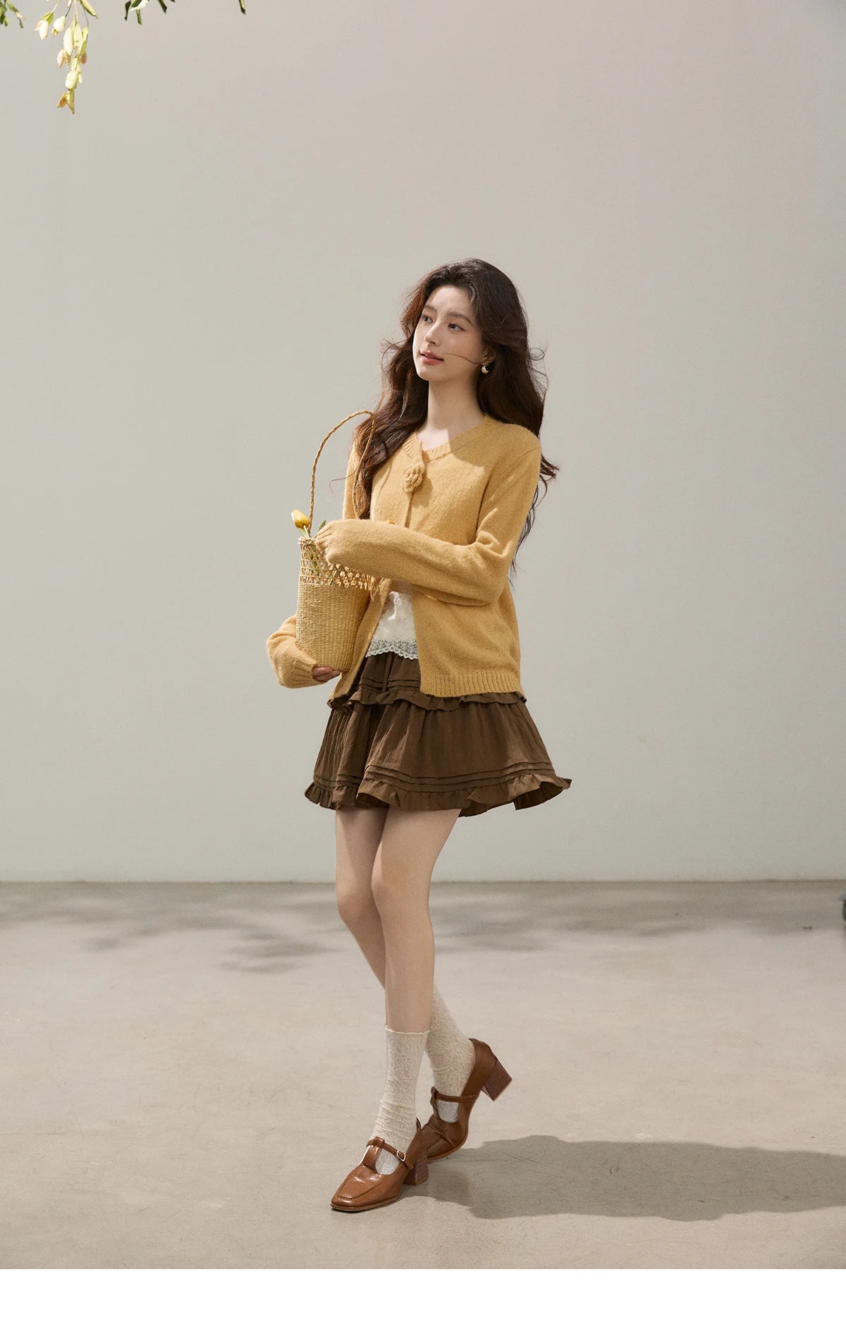 MISHOW Women's Flower Decor Mohair Fork Knit Cardigan 2026 Spring Crew Neck Long Sleeve Tops Casual Solid Sweater MXF15Z3051