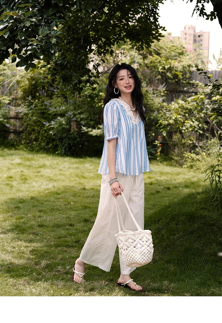 MISHOW 2025 Summer New 100% Cotton Striped Blouse Women Fashion Lantern Sleeve Lace V-neck Casual Top Ladies Clothing MXE36X1845