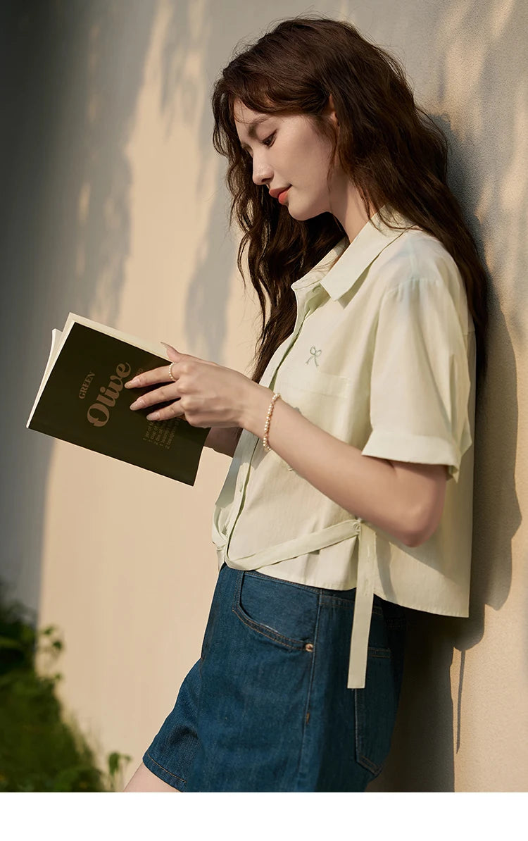 MISHOW Same Color Bow Embroidered Shirt Summer 2024 Lapel Collar Asymmetric Hem 100 Cotton Casual Short Sleeved Top MXD23C0257