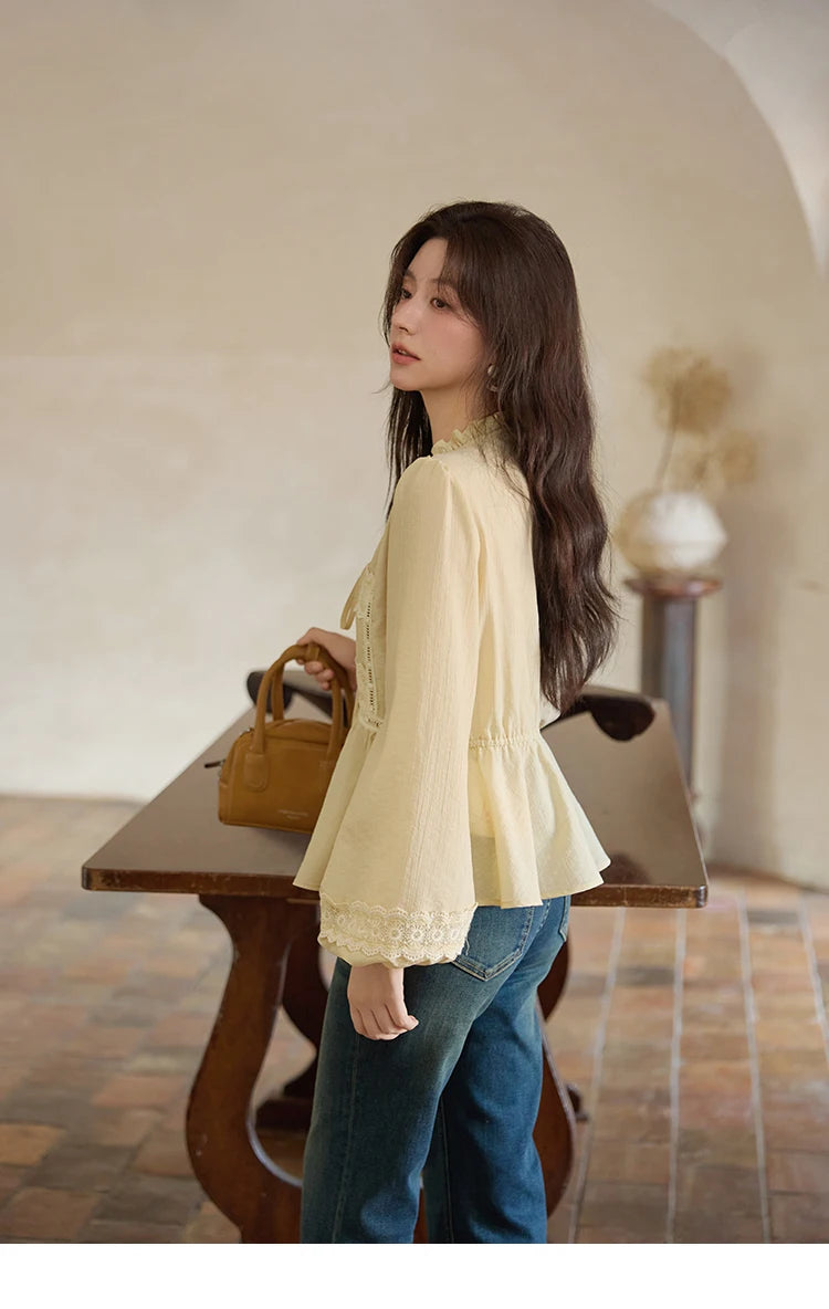 MISHOW French Thin V-neck Blouse 2025 Autumn Lace Patchwork Elastic Cuffs Top Bead Drawstring Lantern Sleeves Blouses MXE41X1925