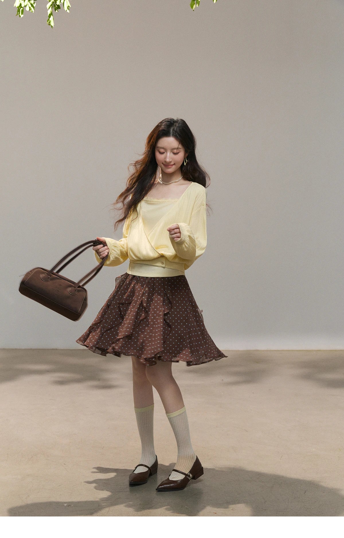 MISHOW Women's Lemon Yellow Two-Piece Set Spring Knitted Lantern Sleeve Pullover Tops Strap Lace Edge Camisole Set MXF13T1513