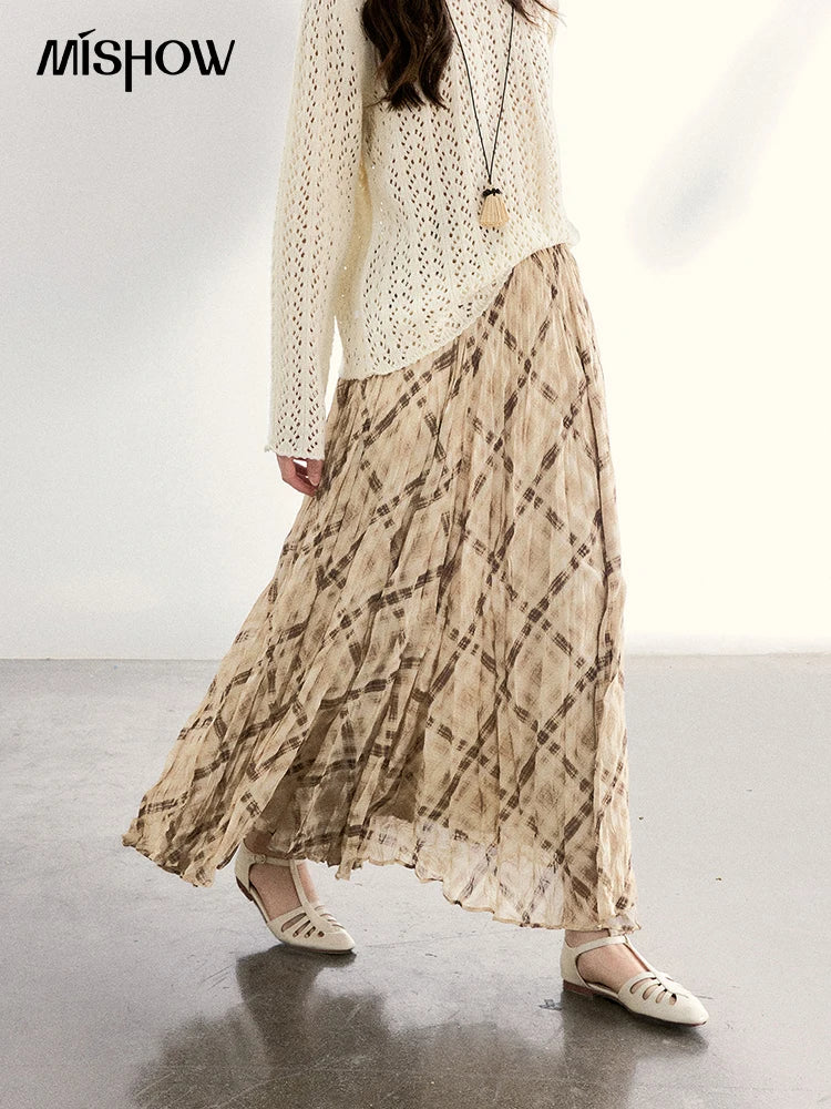 MISHOW Women's Beige Plaid Maxi Skirt 2026 Spring High Waist Flowy A-Line Skirts Elastic Waist Casual Chiffon Skirt MXF108B0769