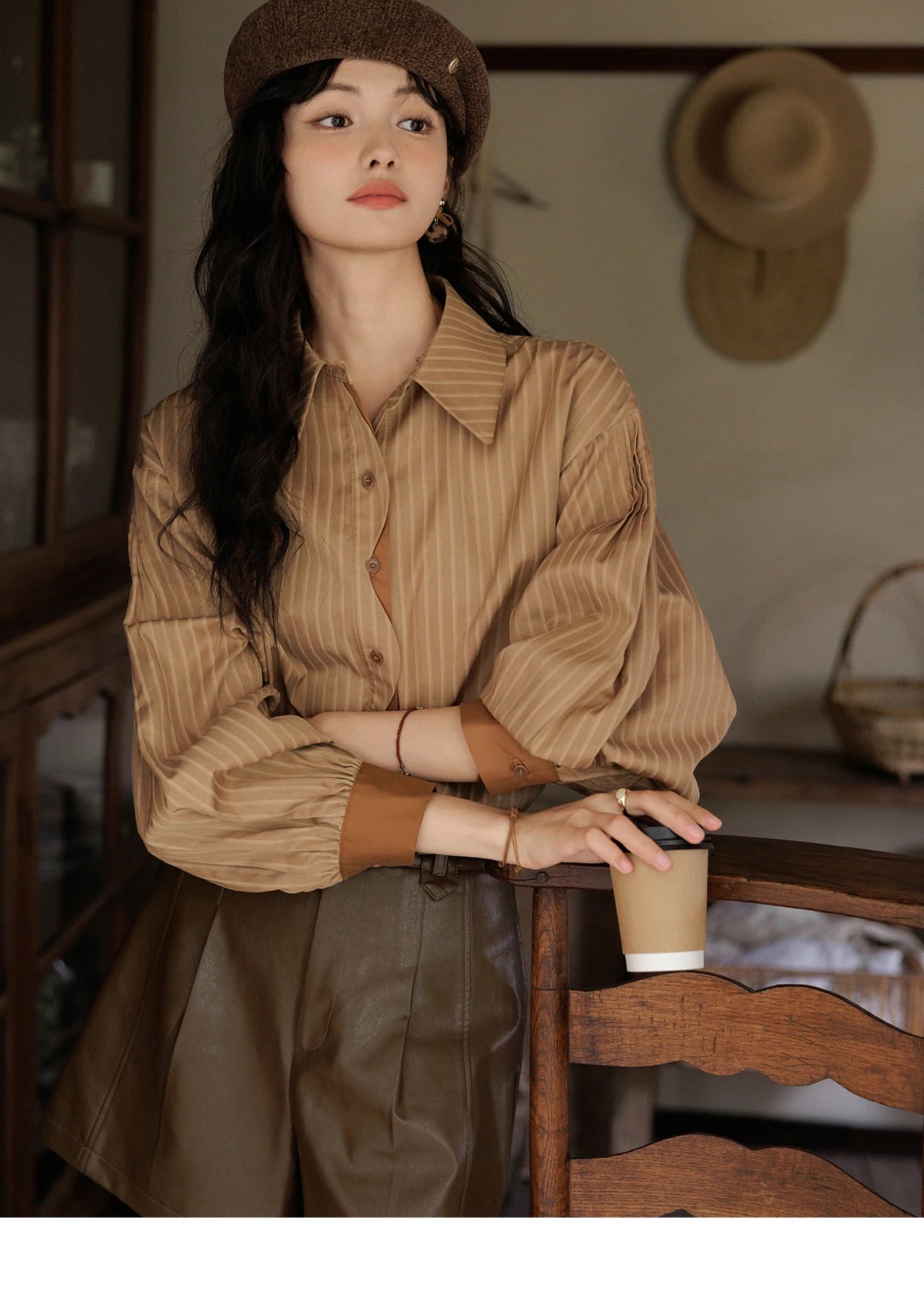 MISHOW Striped Casual Shirt for Women 2024 Autumn Retro Lapel Long Sleeve Top Contrasting Cuffs Shirts Office Lady MXD42C0301