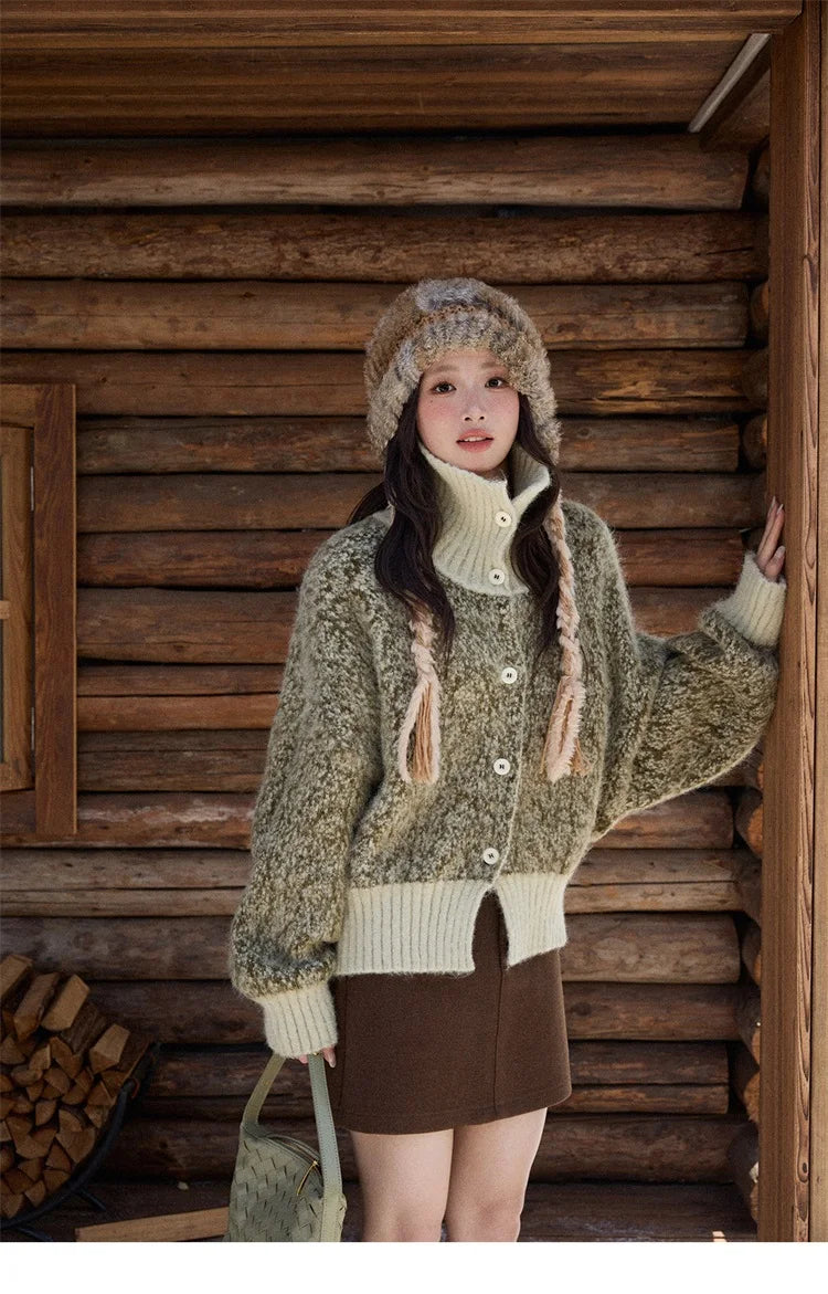 MISHOW Women's Green Retro Mottled Sweater Winter 2025 Casual Stand-up Collar Batwing Sleeves Knitted Cardigan tops MXE90Z2787