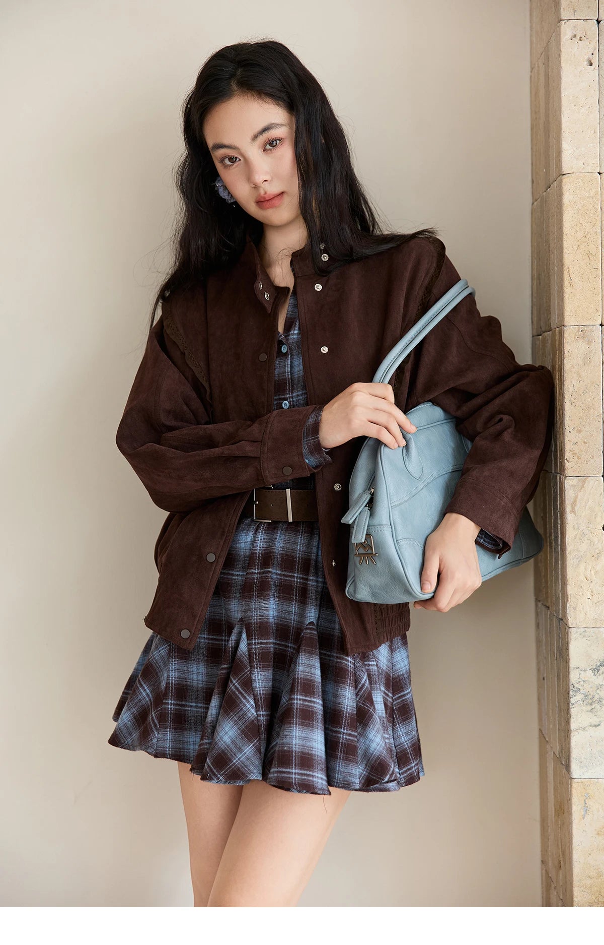 MISHOW Women's Blue Plaid Short Dress 2025 Autumn Retro Turn-down Collar Waist-Cinched Long Sleeve Dress with Belt MXE48L2525