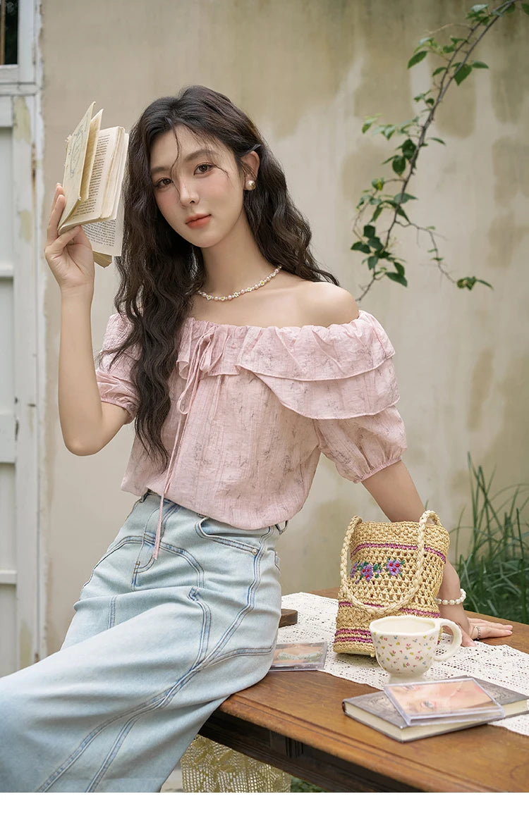 MISHOW French Retro Floral Short Sleeve Blouses Summer 2025 Loose One Line Shoulder Ruffled Edge Lace Up Sweet Top MXD25X1520