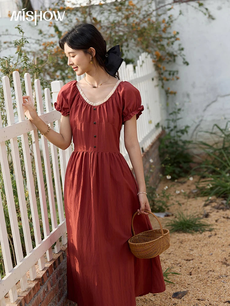 MISHOW French Summer Dress Women New 2025 Puff Short Sleeve Lace Neck Slimming Long Dresses Female Fashion Elegant MXE35L2297