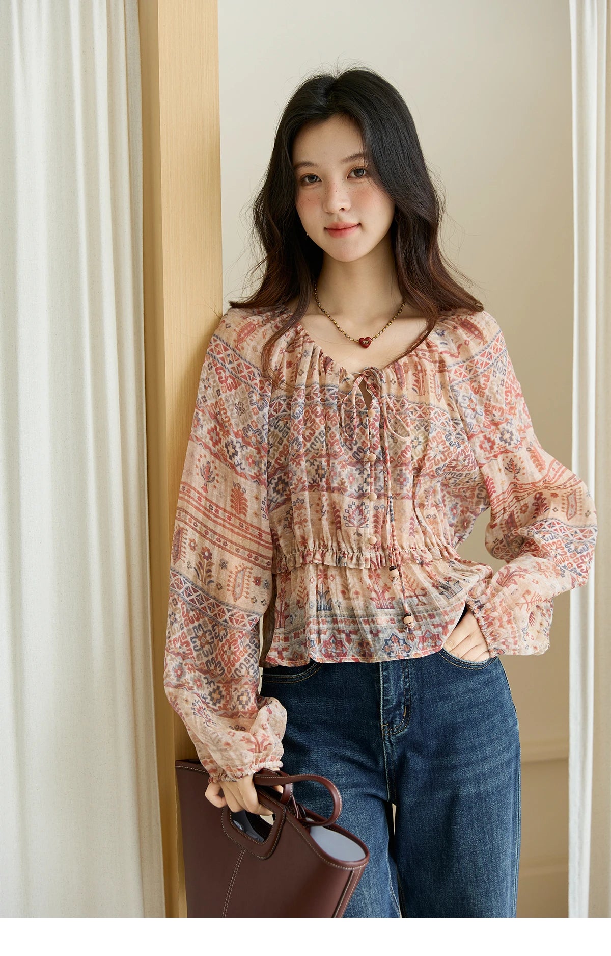 MISHOW Blouse Women 2025 National Style Printed Waist Round Neck Long-sleeved Top Commute Comfortable Autumn Blouse MXE47X2508