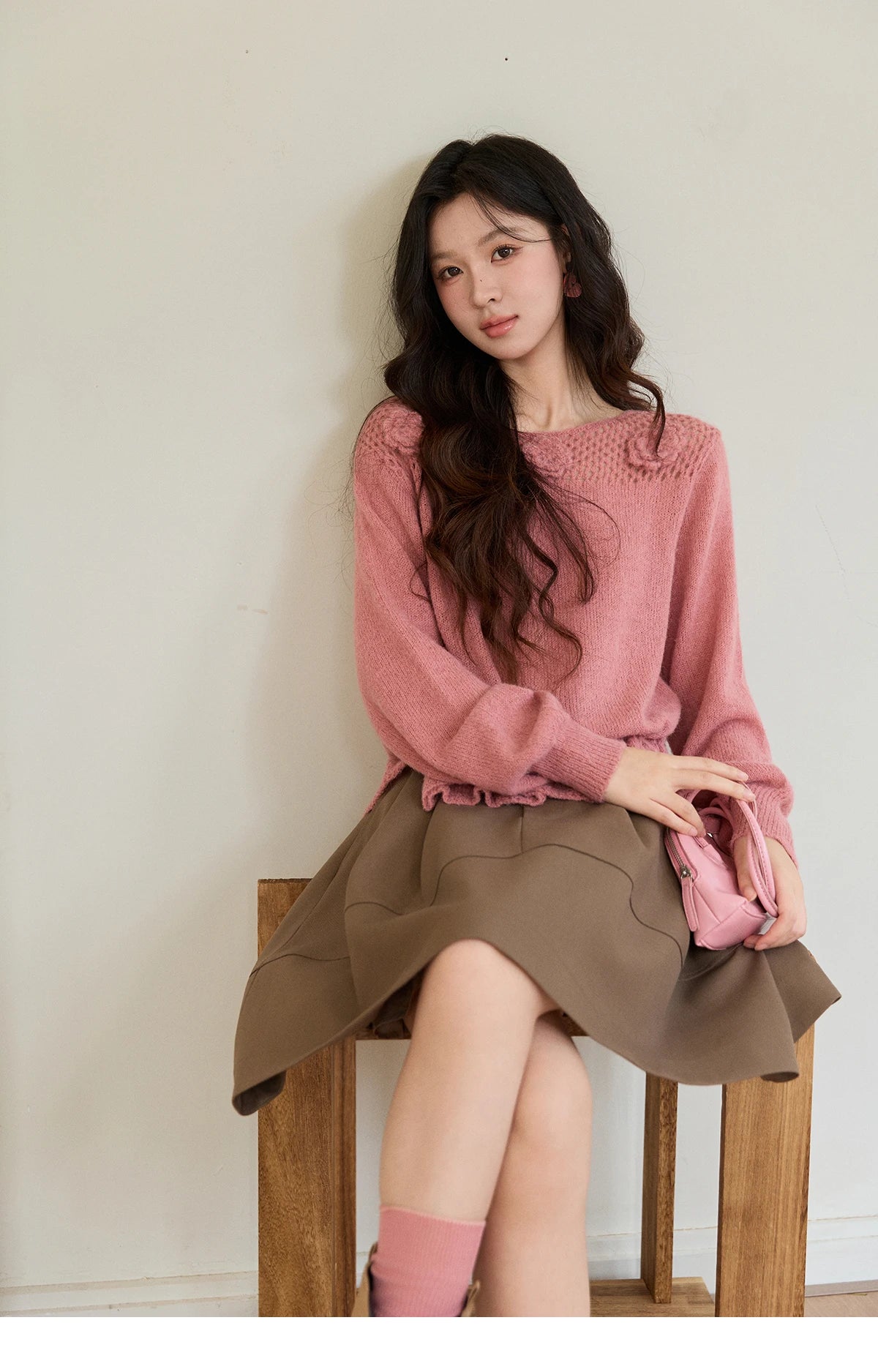 MISHOW Women's Pink Hollow-out Knitwear 2026 Spring Crew Neck Floral Embroidery Sweater Ruffled Hem Casual Loose Top MXE94Z2865