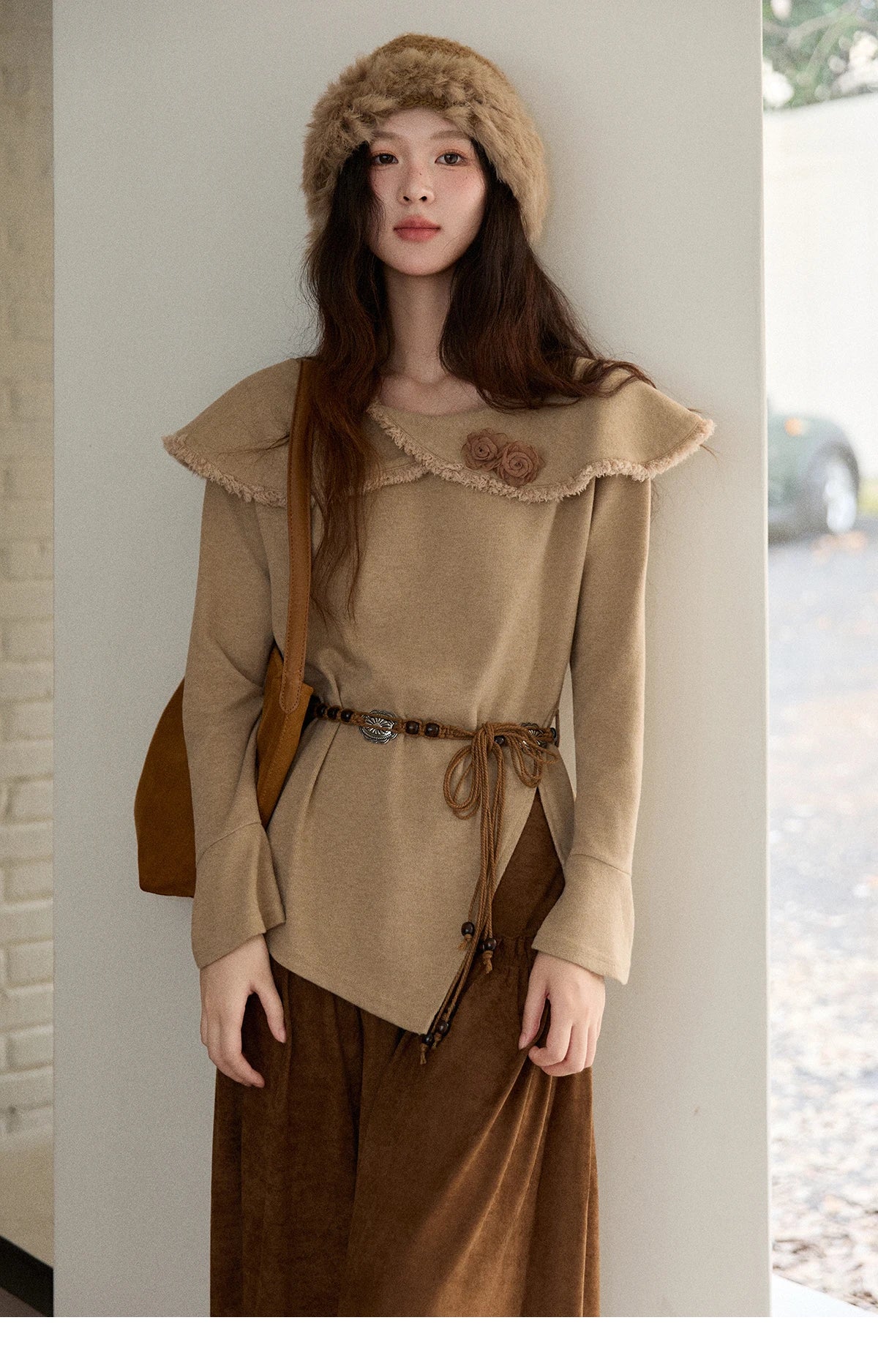 MISHOW Women's Long-sleeved Tops 2025 Winter Retro Brown Three-dimensional Flower Decoration Round Neck Knitted Tops MXE51Z2593