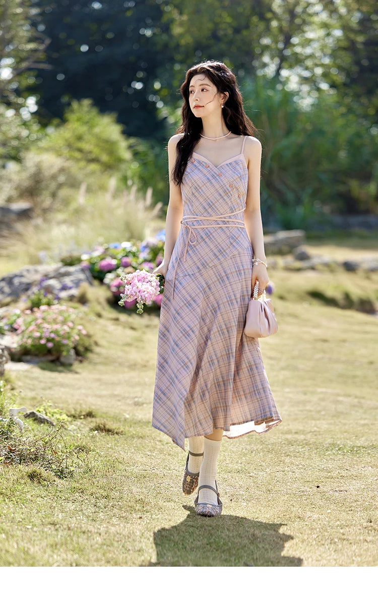 MISHOW Plaid Strap Dress for Women Spring 2025 French V-neck Sleeveless Dress Slim Lace-up Waist Camisole Dresses MXE11L2088