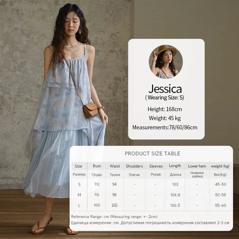 MISHOW Fashion Print Strap Dress for Women 2025 Summer New Multi Layer Ruffle Edge Splicing Sleeveless Midi Dresses MXE35L2233