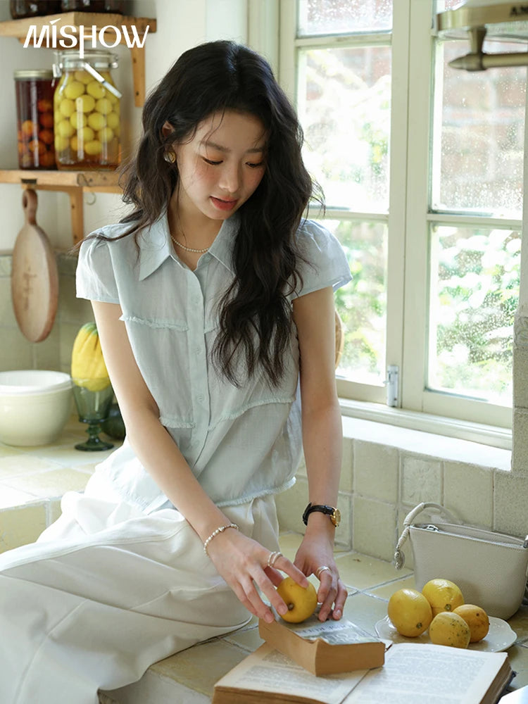 MISHOW Women's Turn-down Collar Button Casual Shirt 2025 Summer New Ladies Wear Edge Splicing Commut Short Sleeve Top MXE39C2363