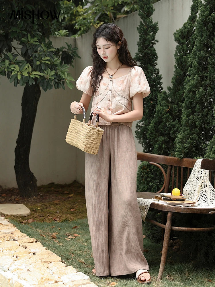 MISHOW Women's Contrast Halo Printing Blouses 2024 Summer French Retro Square Tops Female Puff Sleeve Button Blouse MXD30X1562