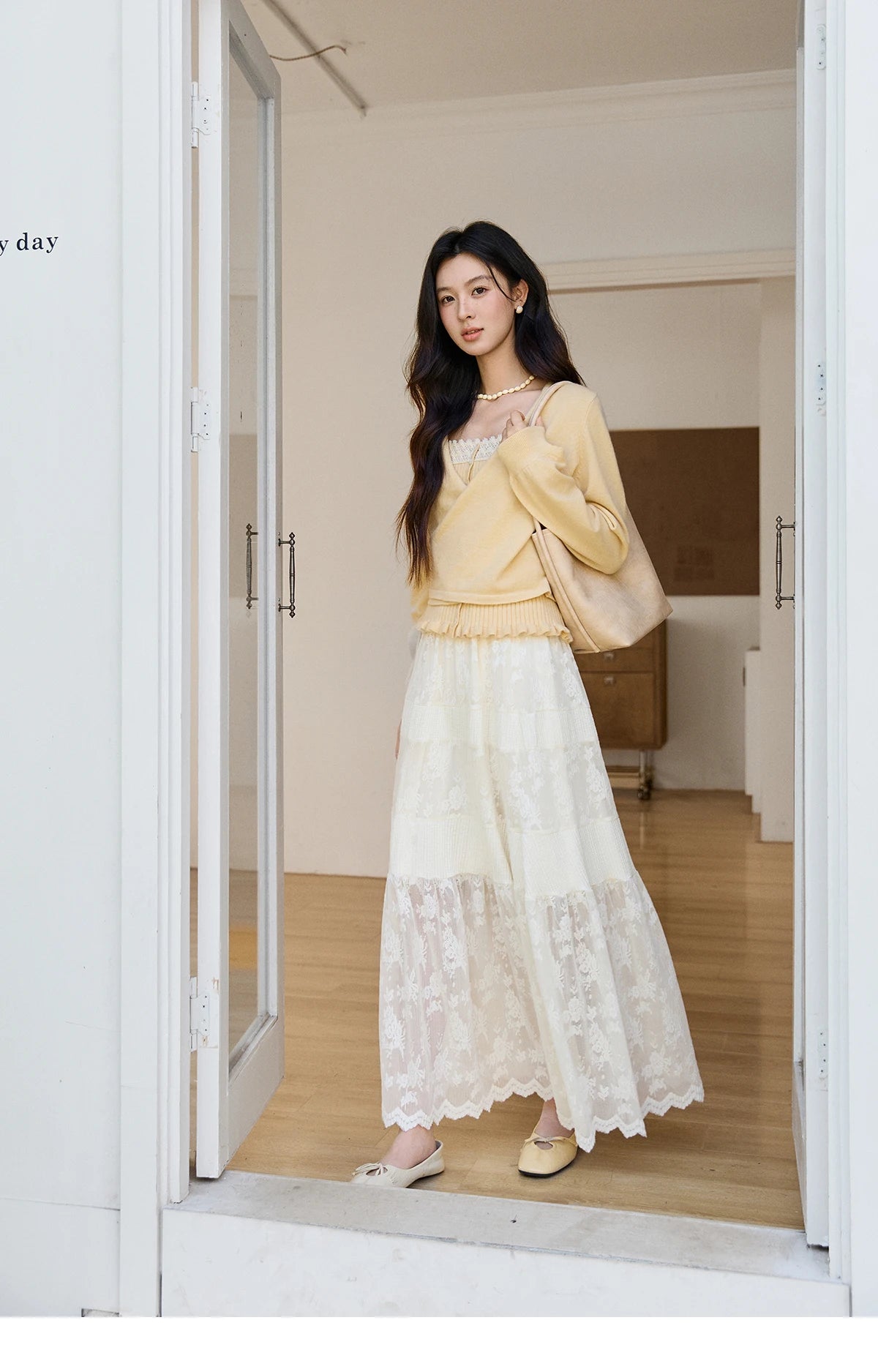 MISHOW Women's Yellow Two-Piece Set 2026 Spring Ruffled Hem Camisole Lace Trim Knitted Cardigan Casual Slim Outfit MXF11T1472