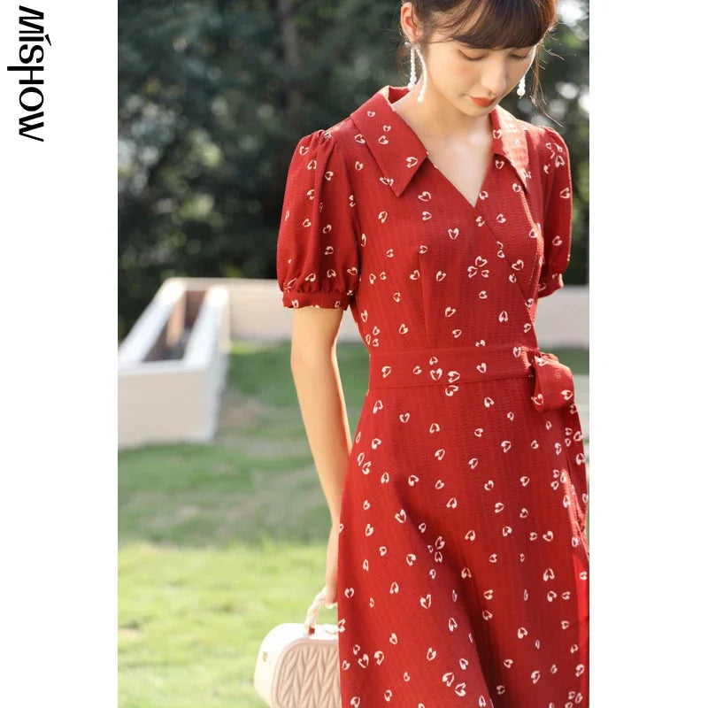 MISHOW Red Dresses For Women Summer French Hepburn One Piece V-neck Chiffon A-shape Floral Holiday Midi Dresses MXA29L0356