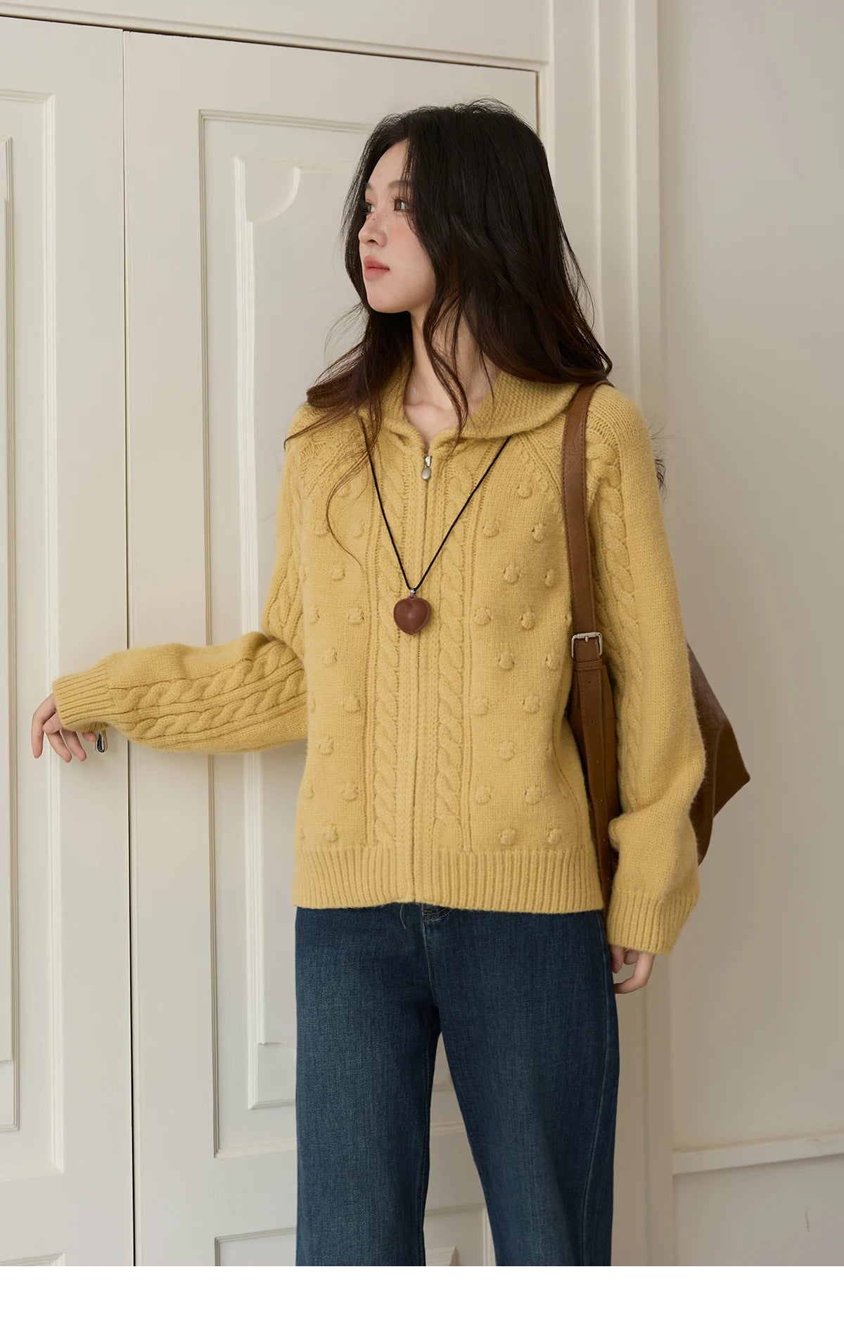 MISHOW Zipper Knit Cardigan Women 2025 Winter Yellow Turn-down Collar Loose Thick Sweater Luxury Comfort Casual Top MXE49Z2619