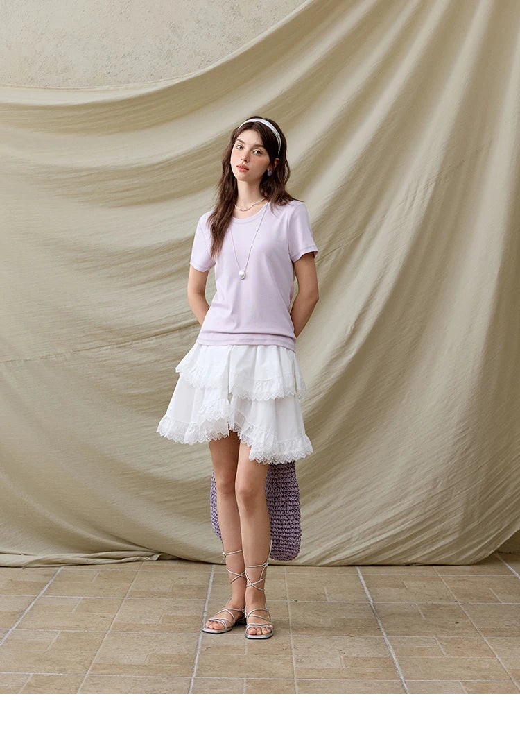 MISHOW Casual Summer T-shirts Women Short Sleeve Round Neck Solid Straight Shoulder Shirt Female Fashion Slimming New MXE31T0532