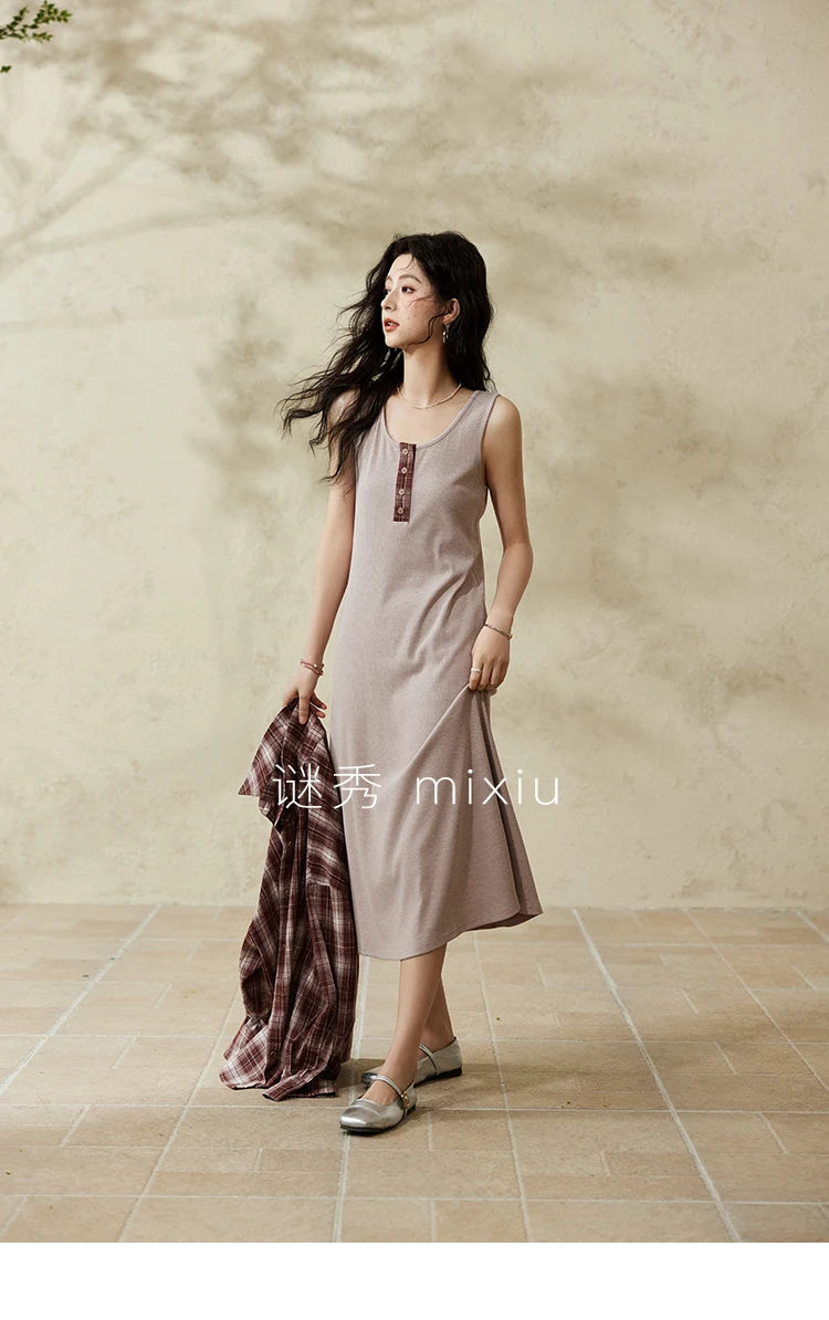 MISHOW Women's Plaid Shirt Grey Vest Dress Separately Spring Lapel Collar Shirt U-neck Sleeveless Dresses (Not A Set) MXE13L2093