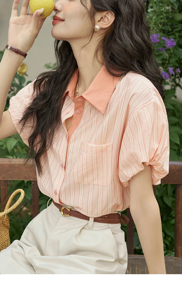 MISHOW Women's Hong Kong Retro Pink Striped Shirt 2024 Summer Short Sleeve Bubble Sleeve Single Breasted Lapel Top MXD28C0250