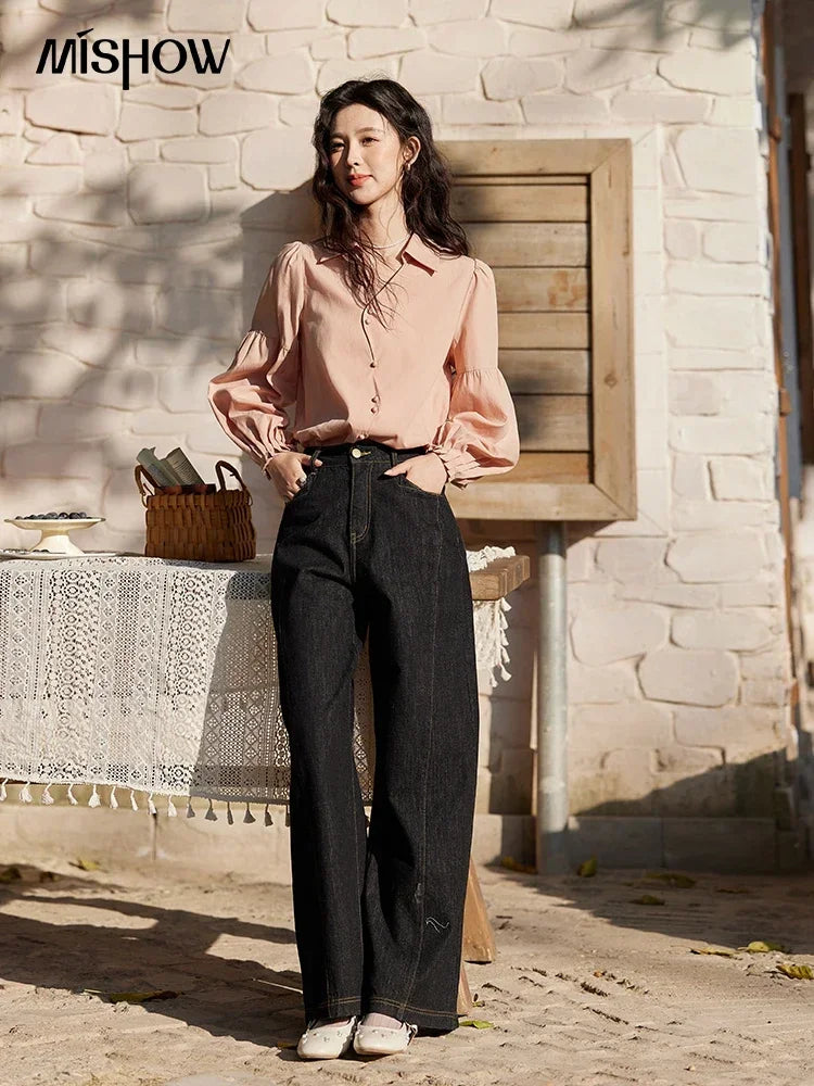 MISHOW French Polo Neck Long Sleeve Shirt Women's Spring Summer 2025 Elegant Sweet Cute Casual Tops Solid Shirts MXE11C0388