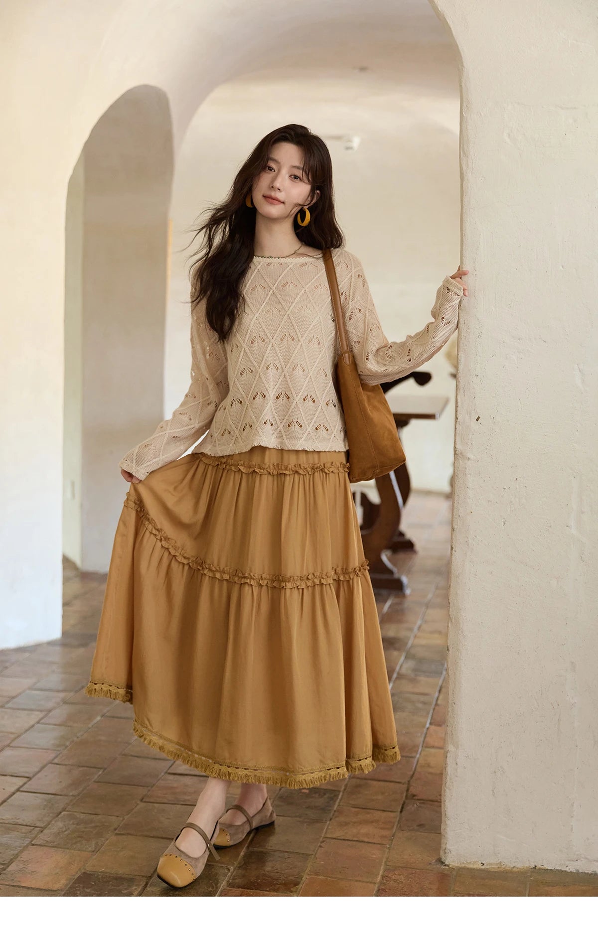 MISHOW Women's Diamond Patterned Knitted Top 2025 Autumn Bohemian Hollowed Out Thin Top Scoop Neck Knitted Sweaters MXE42Z1332