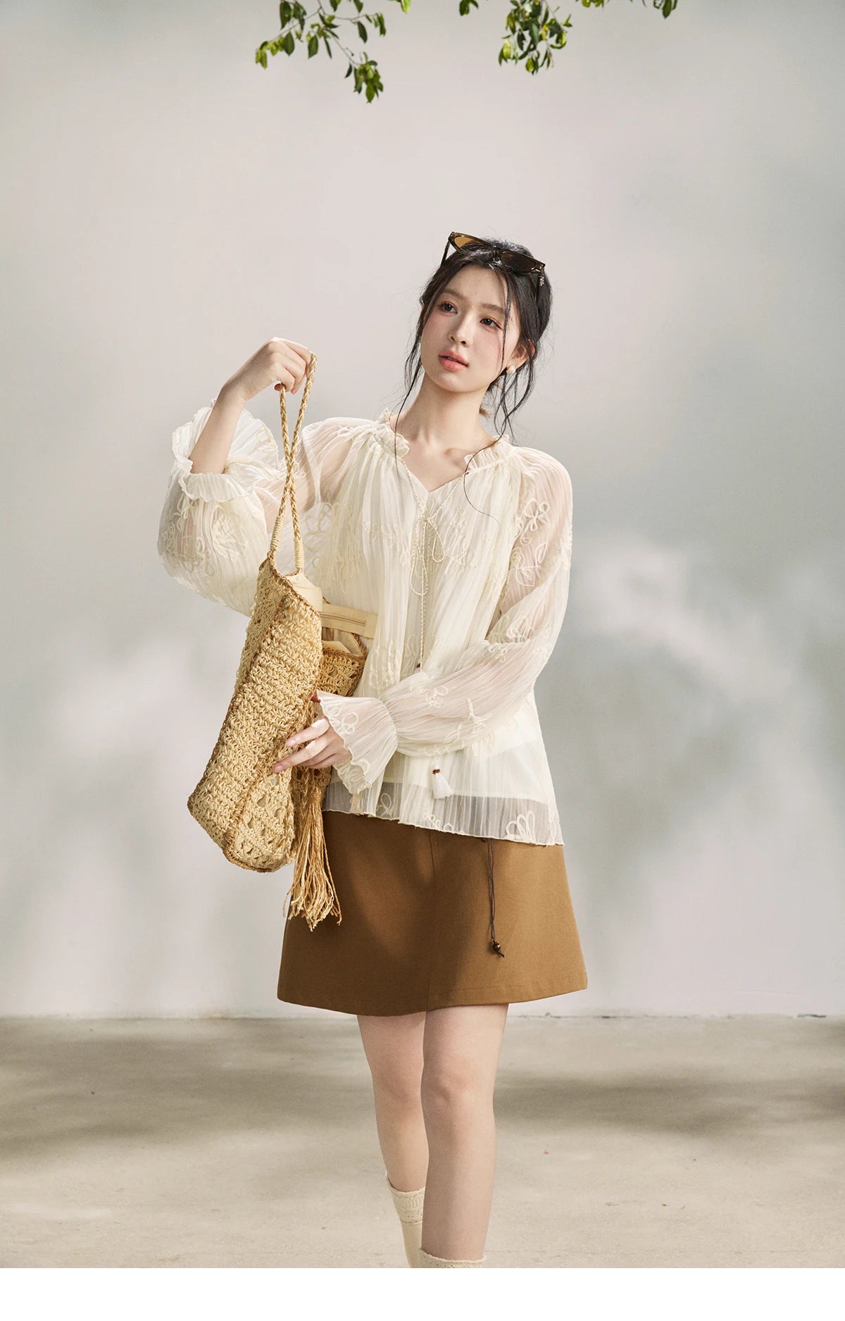 MISHOW Women's Tassel Tie Flower Embroidered Blouse 2026 Spring V-Neck Lantern Sleeves Top Casual Loose Sheer Blouses MXF13X2525