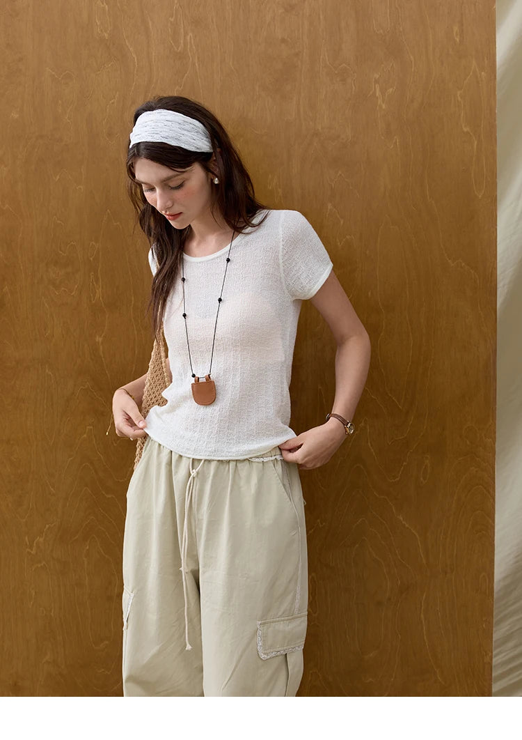 MISHOW Office Lady Women’s T-shirts Summer 2025 Short Sleeve Round Neck Solid Slimming Knitted Shirt Female Fashion MXE34Z1257