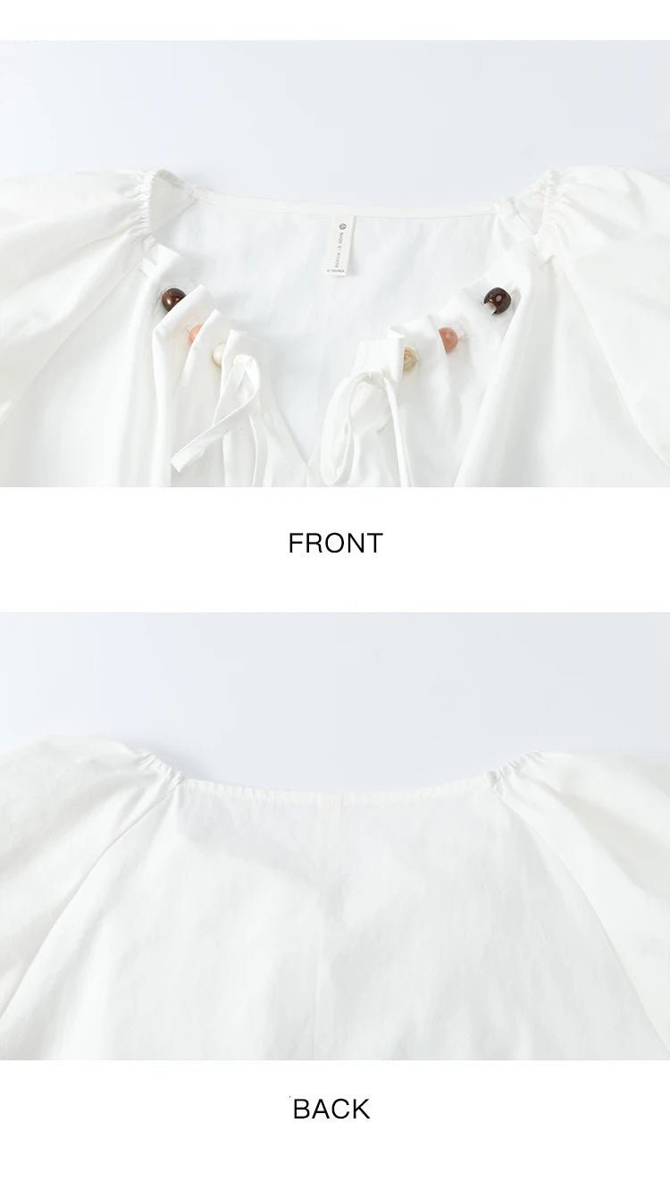 MISHOW Solid French Summer Blouses Woman 2025 New Short Puff Sleeve V-neck Beaded Retro Shirts Women Fashion Tops MXE33X1757