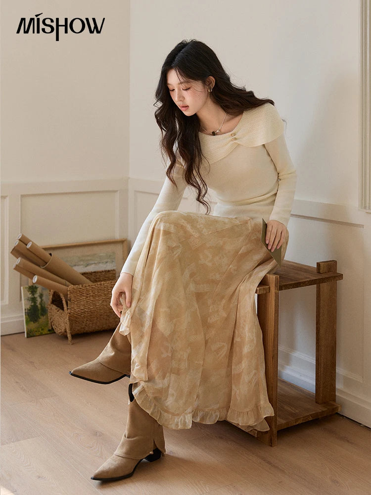 MISHOW Women's Beige Wool Blend Knit Sweater 2026 Spring Asymmetrical Collar Long Sleeve Top Slim Casual Thin Sweater MXF11Z2918