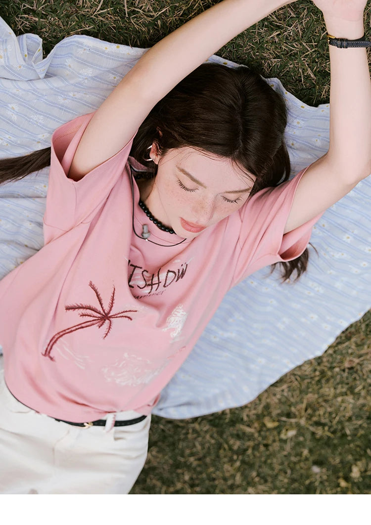 MISHOW Casual Print T-shirts Women 2025 Summer New Short Sleeve Round Neck Coconut Tree Pattern Shirt Woman Holiday MXE31T0516