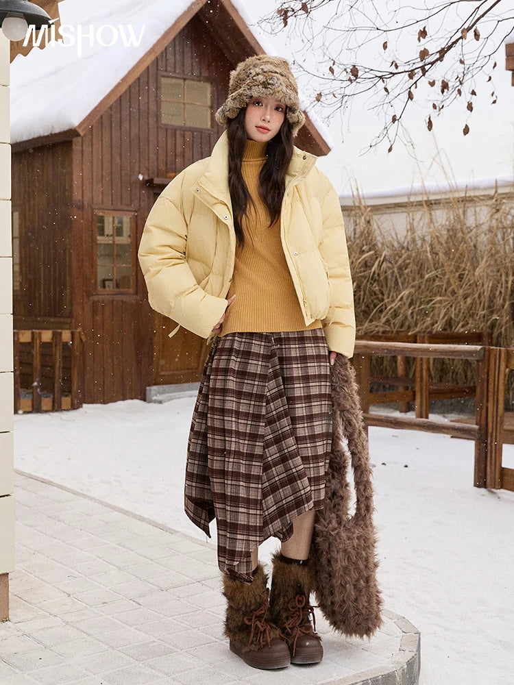 MISHOW Short Down Jacket Women 2025 Winter Fashion Blue Windproof White Duck Down Turn-down Collar Zippered Coat Warm MXE51Y0083