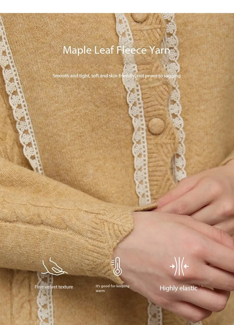 MISHOW Yellow Knitted Cardigan Ladies 2025 New Sweet Lace Stitching Cable Sweater Commute Women's Autumn Cardigan MXE51Z2546