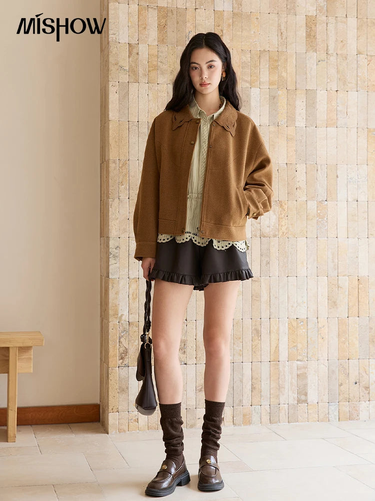 MISHOW Brown Woolen Coat for Women 2025 Winter Hollow Out Embroidery Turn Down Collar Retro Short Loose Casual Coat MXE49W0856