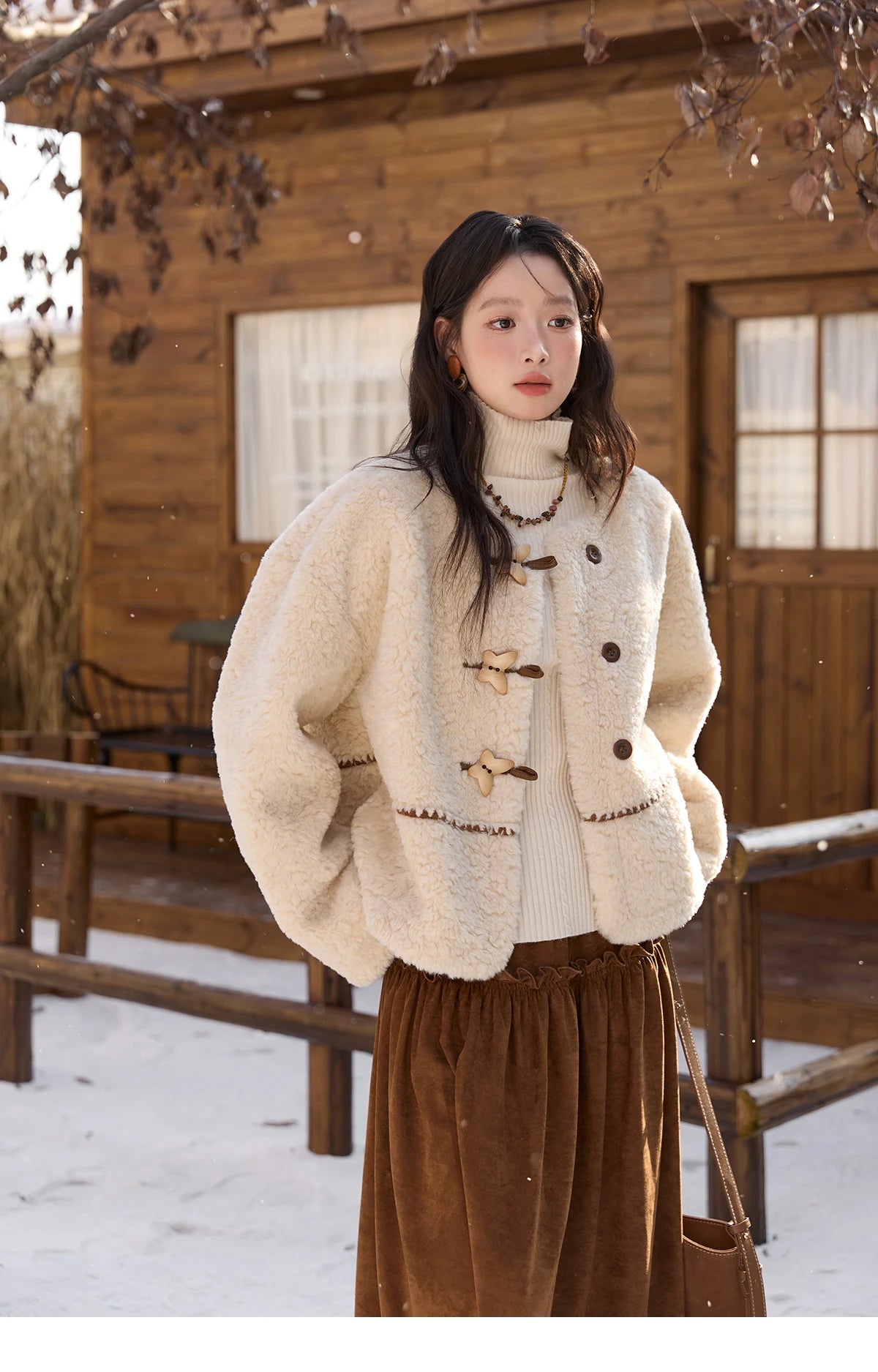 MISHOW Winter Jackets Women 2025 Retro Apricot Imitation Lambswool Coat Commuter Round Neck Single-breasted Jacket MXE51W0874