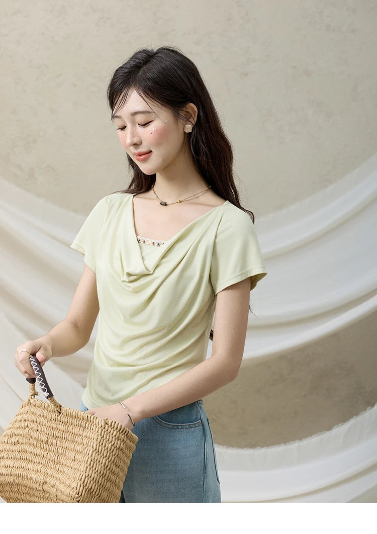 MISHOW Casual Summer Shirts Women 2025 Fashion Short Sleeve Swing Collar Solid T-shirt Female Slim Shell Ribbon Tops MXE33T0524